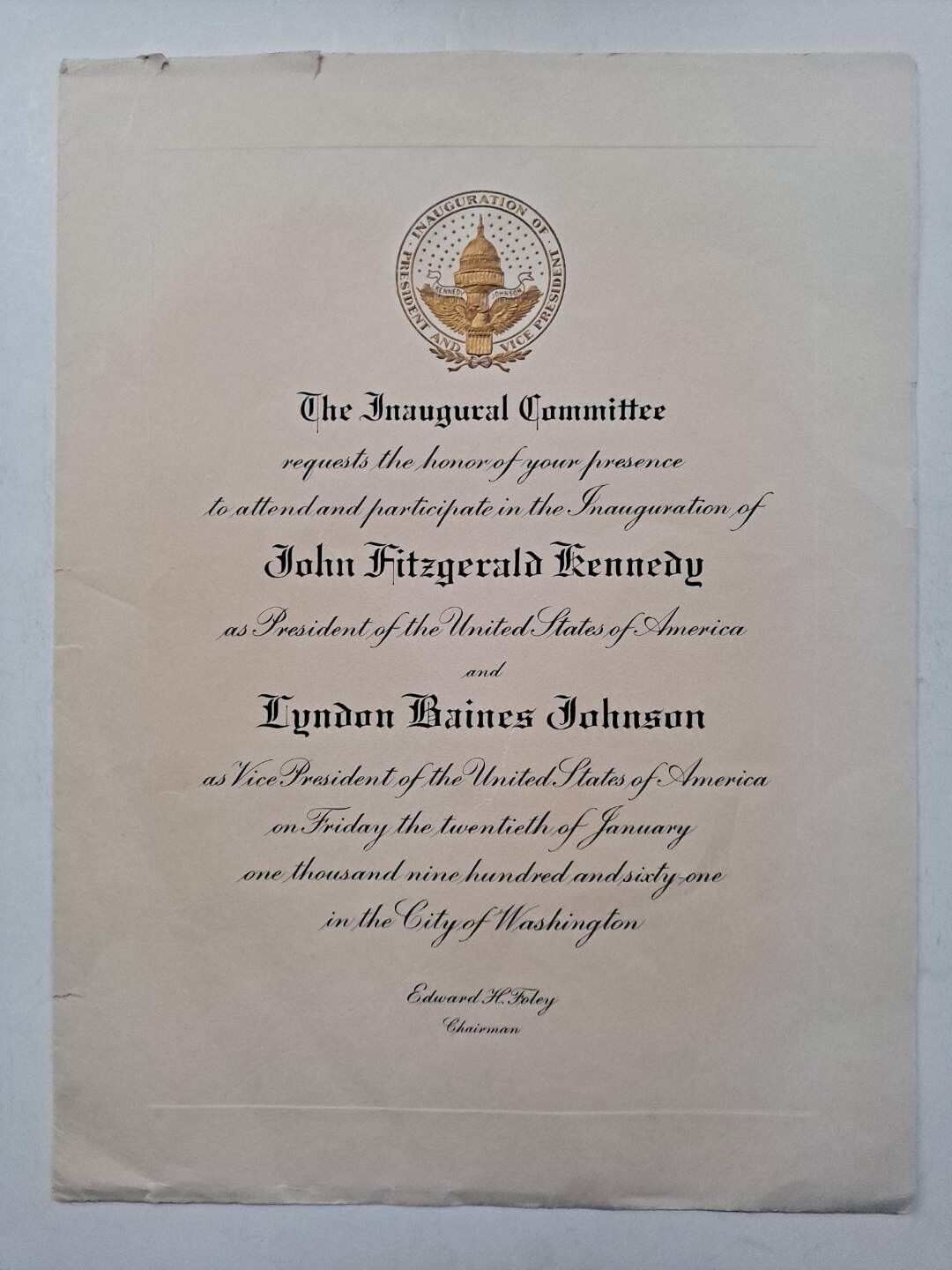 Original JFK President John F Kennedy LBJ Johnson Inauguration Invitation 1961