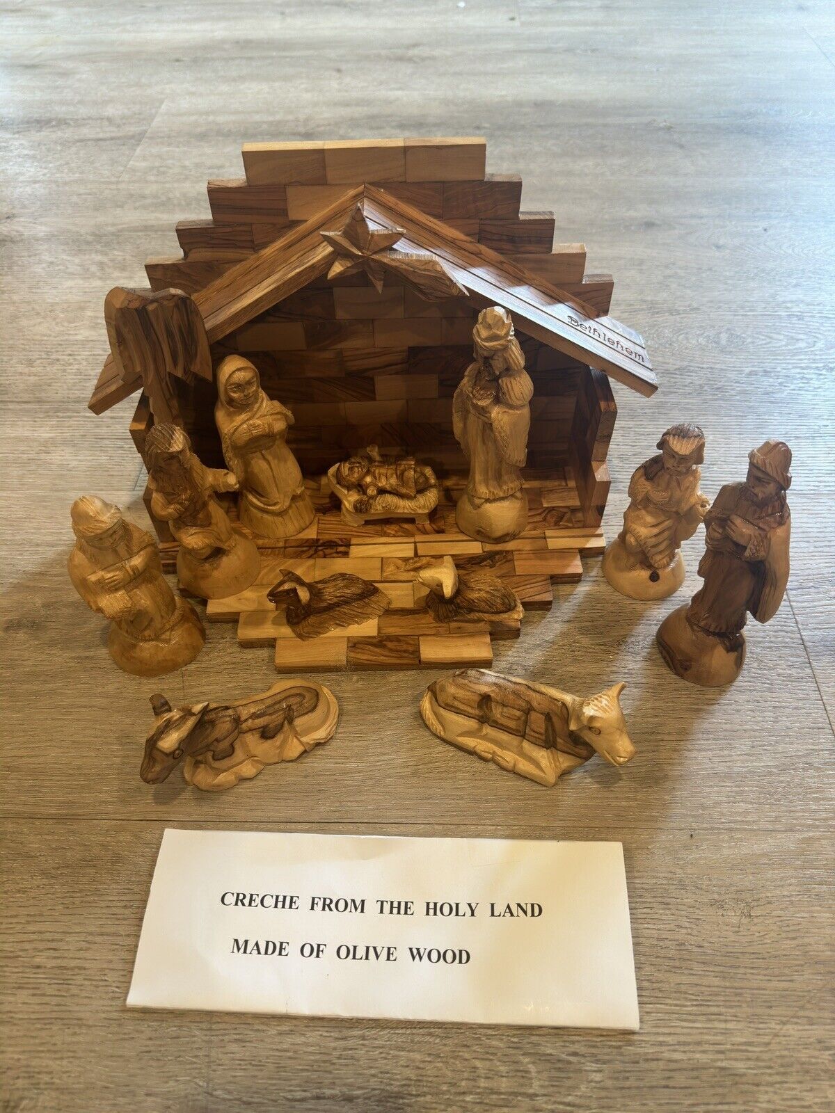 Vintage 13 Piece Crèche Nativity Set Hand Carved in Bethlehem from Olive Wood