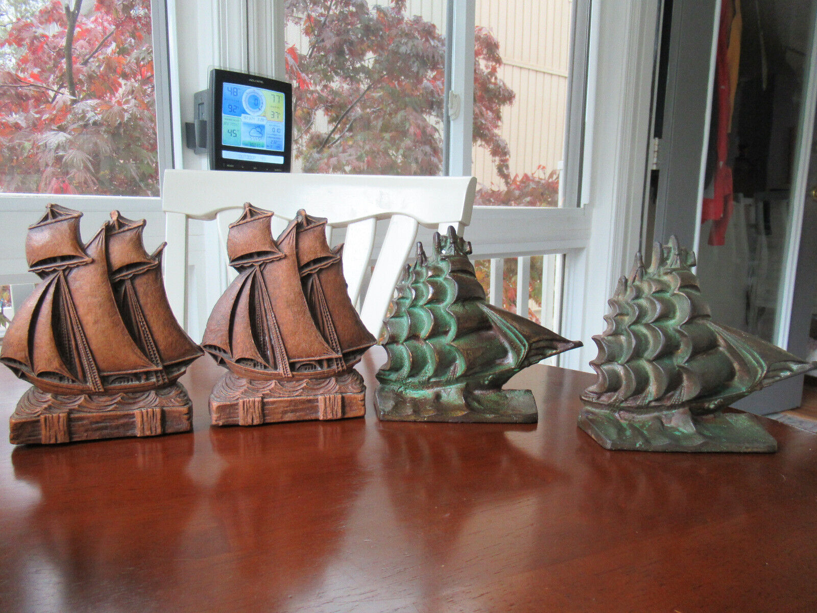 VINTAGE 2 PAIRS  OF NAUTICAL SAILING TALL SHIP BOOKENDS 1 METAL  1 ORNA WOOD