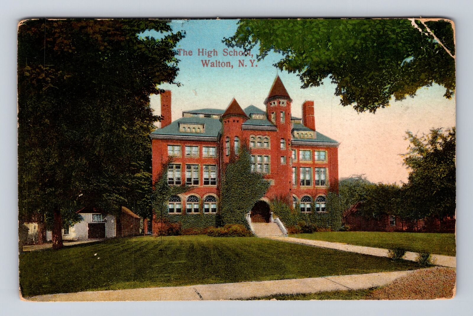 Walton NY-New York, High School Building, Antique Vintage Souvenir Postcard