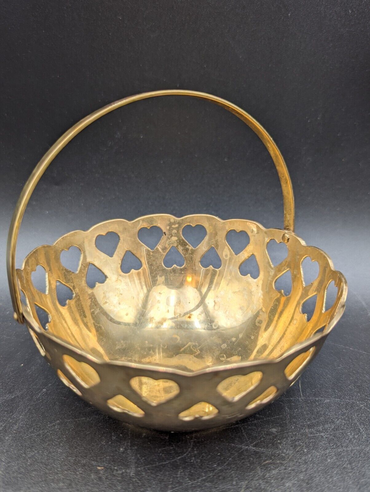 Vintage Solid Brass Heart Basket Made in India Antique Brass Patina Solid Handle