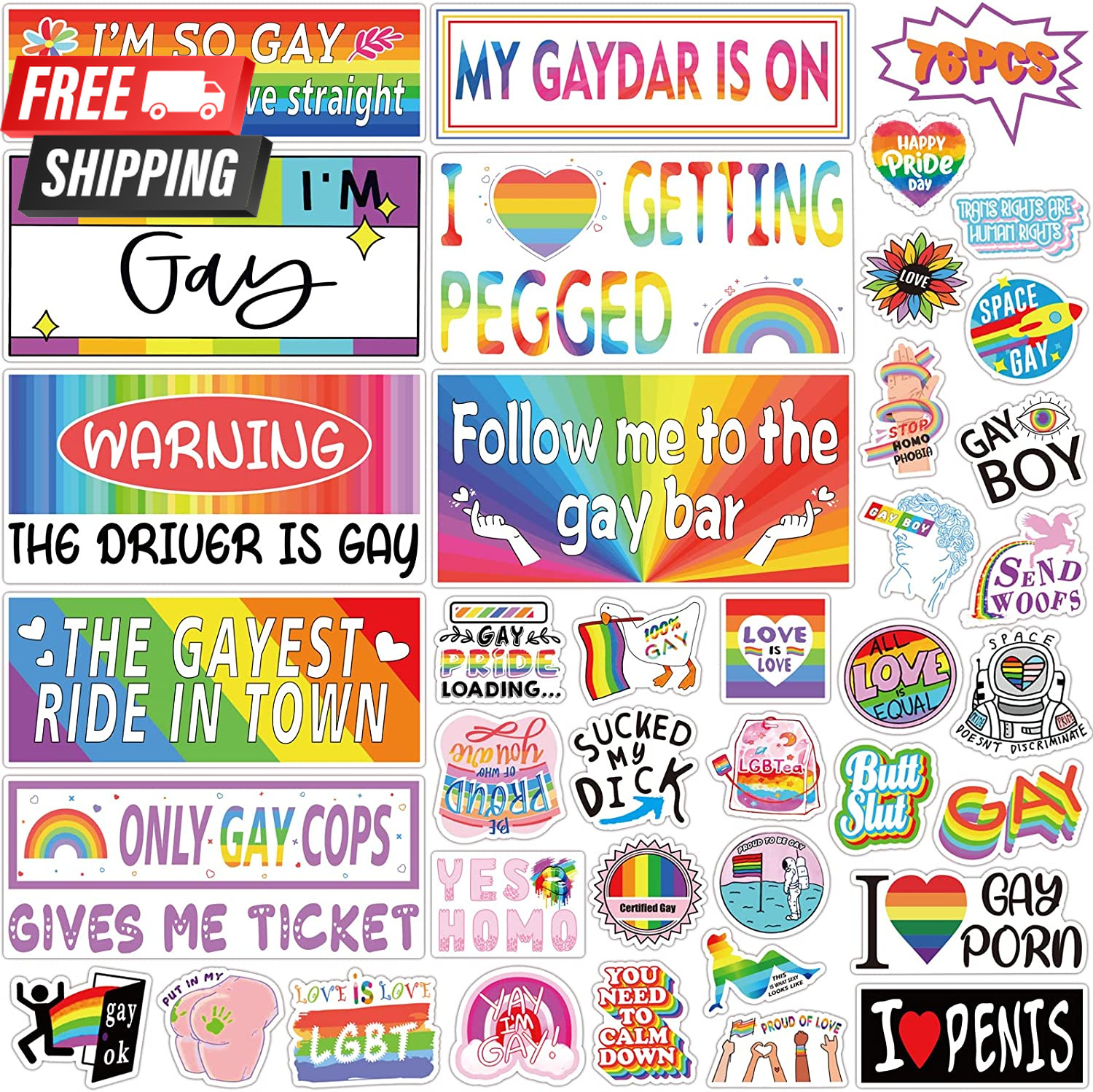 76 PCS Original Funny Gay Prank Bumper Stickers, Funny LGBT Gay Stickers for Car