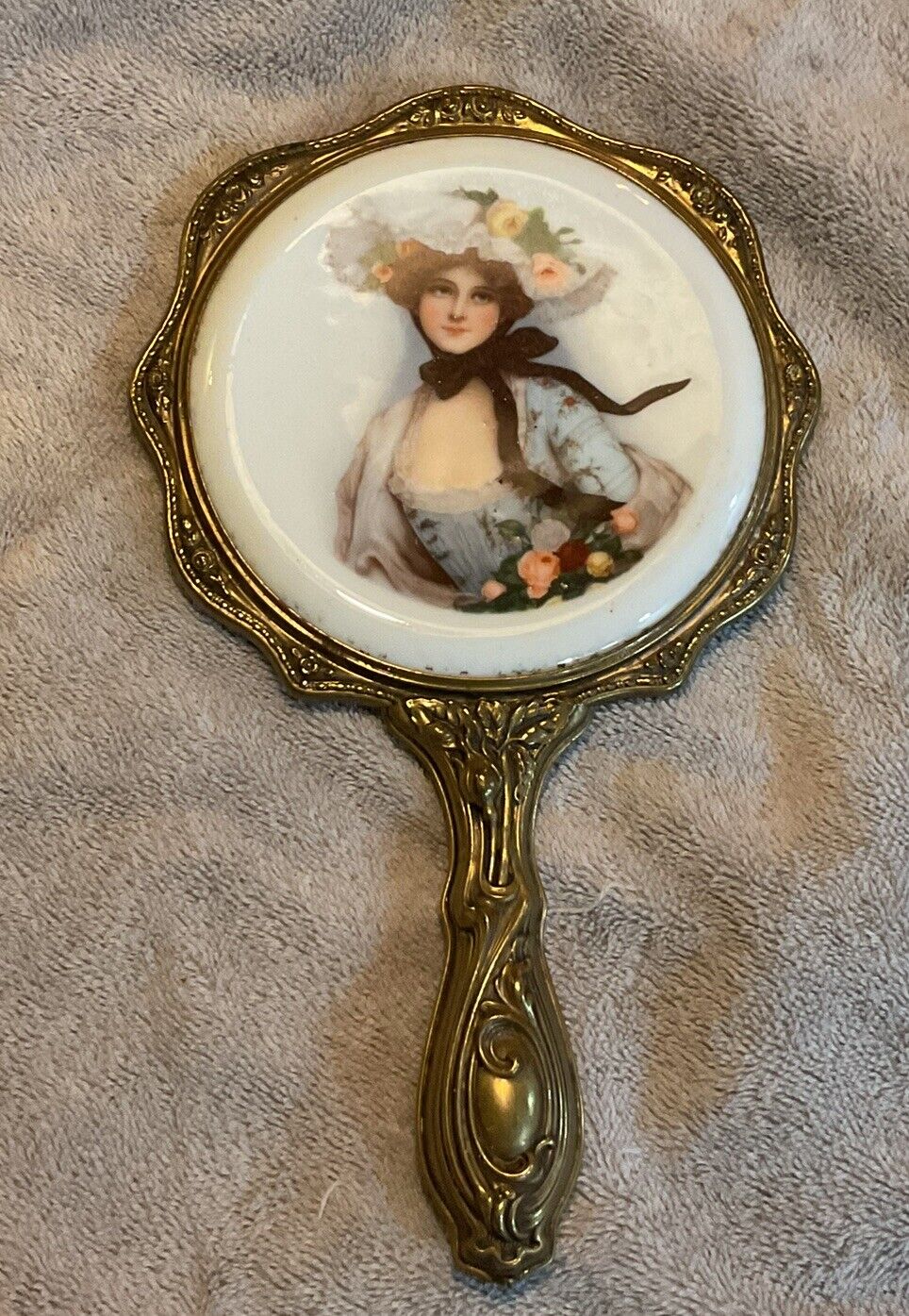 Fabulous Antique Victorian Lady Hand Mirror Porcelain Brass