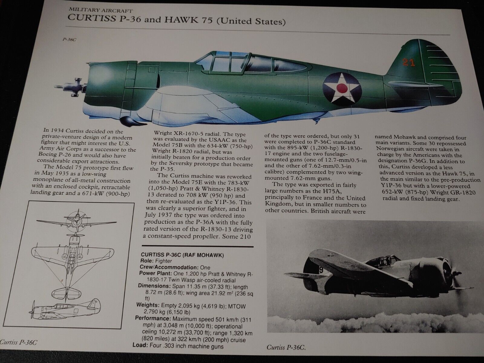 NlCE ~ Curtiss P-36 & Hawk 75 Military Plane Aircraft Profile Data Print ~ LOOK