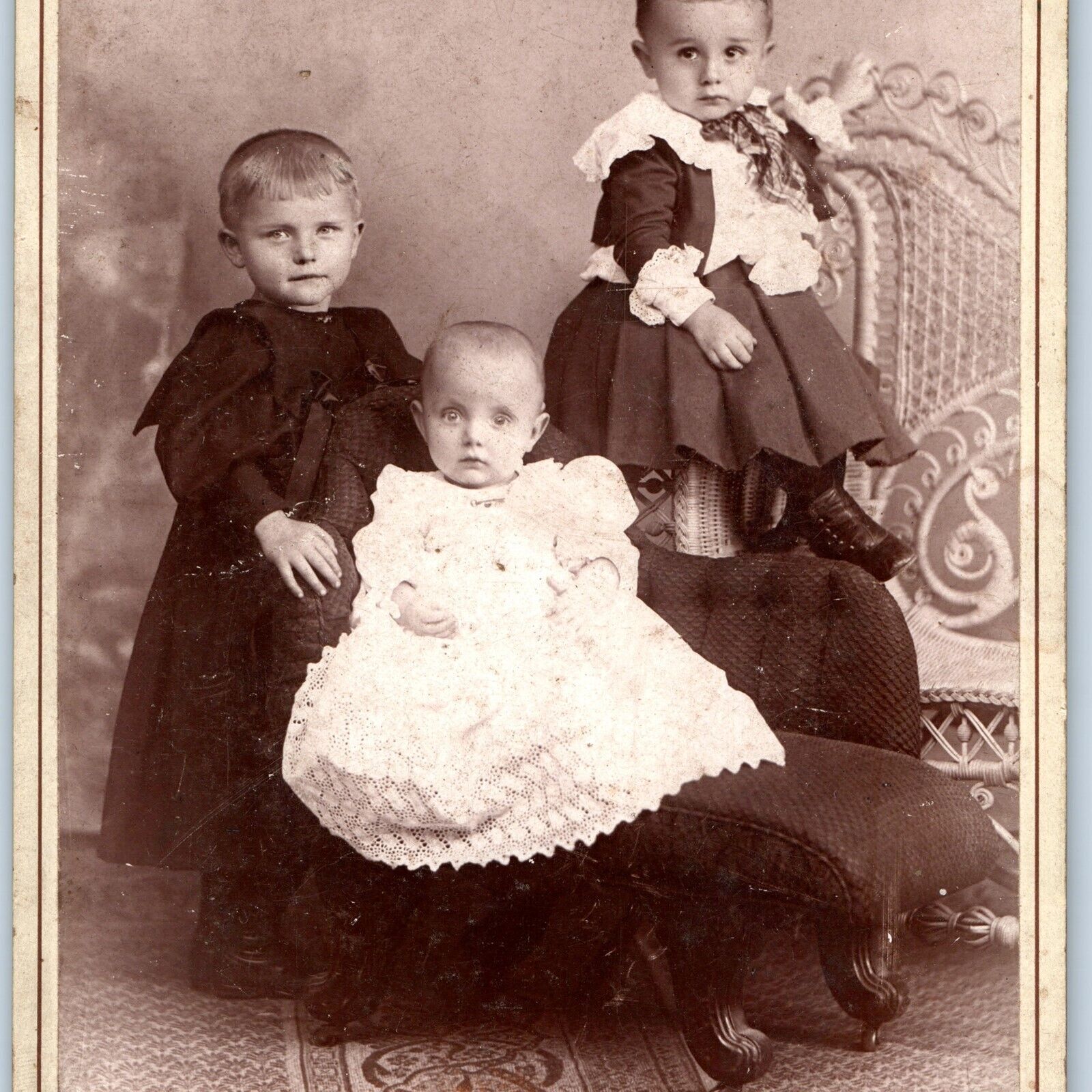 c1880s Reading, PA Cute Brothers in Dresses Boys Cabinet Card Photo Strunk B14