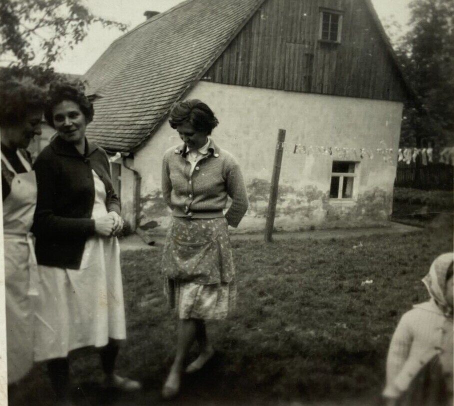 Three Women Standing In Yard By House B&W Photograph 2.5 x 2.5