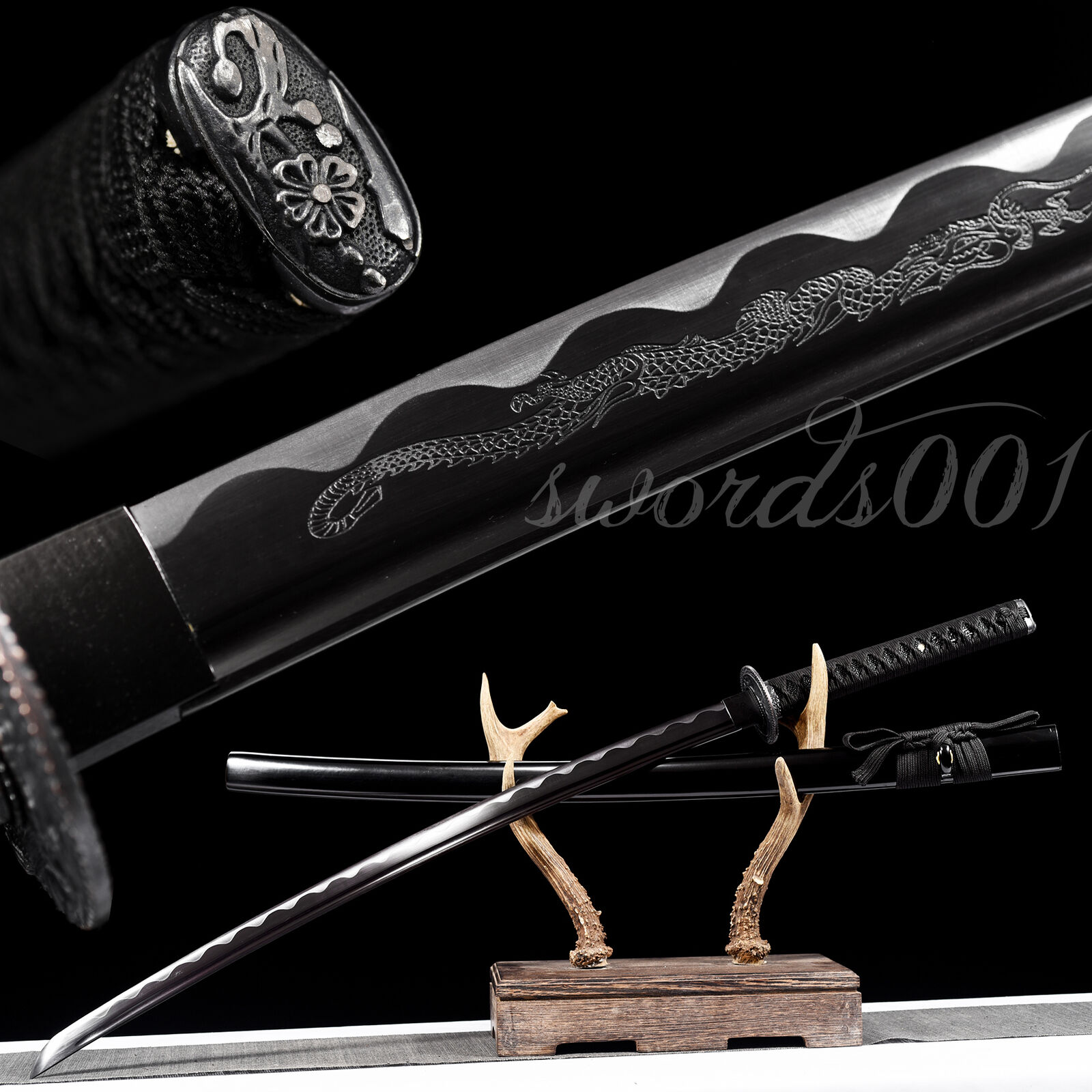 black dragon japanese samurai katana sword carbon steel engraved blade full tang