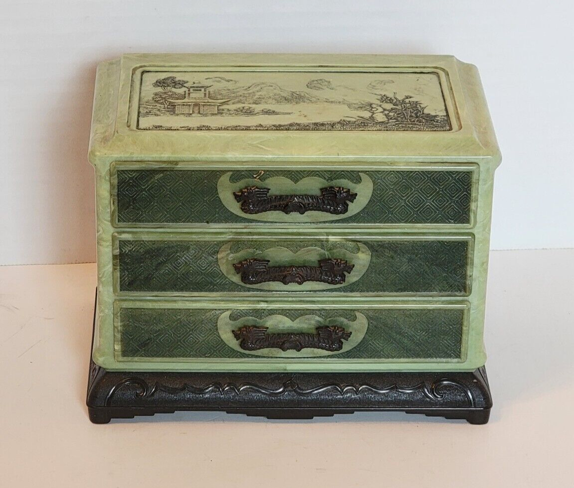 Vintage Asian  Faux Green Jade Jewelry Box w/ Dragons