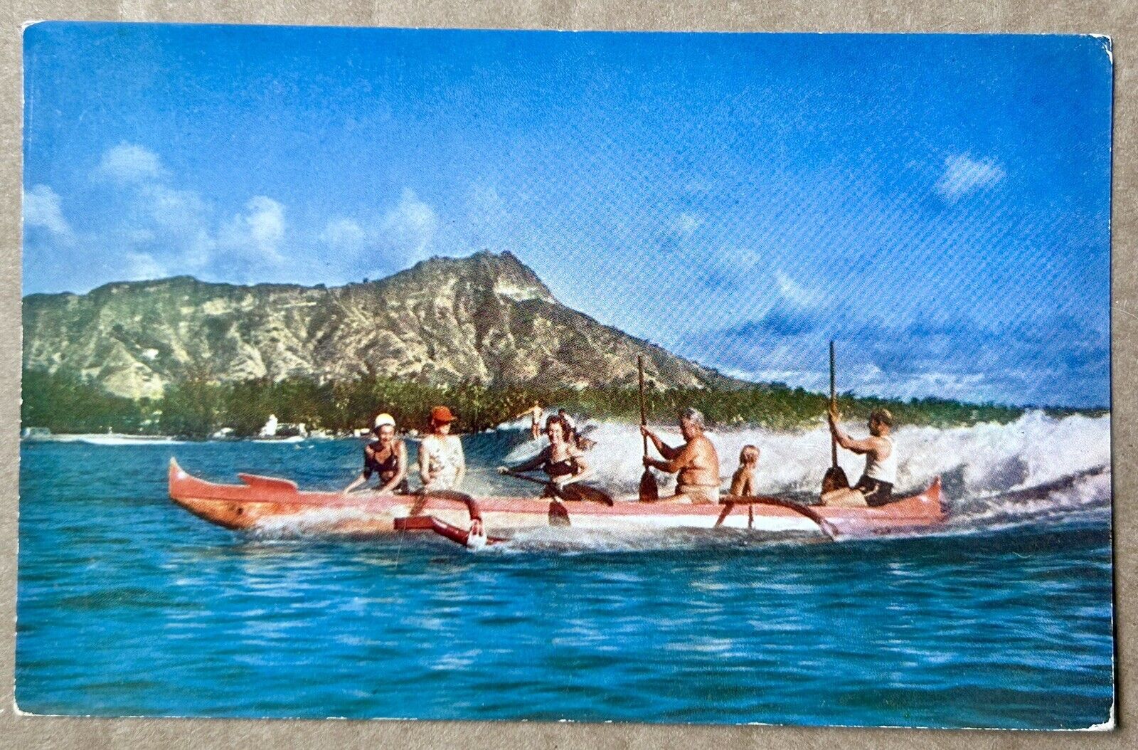 Canoeing off of Waikiki Beach Hawaii Vintage Postcard