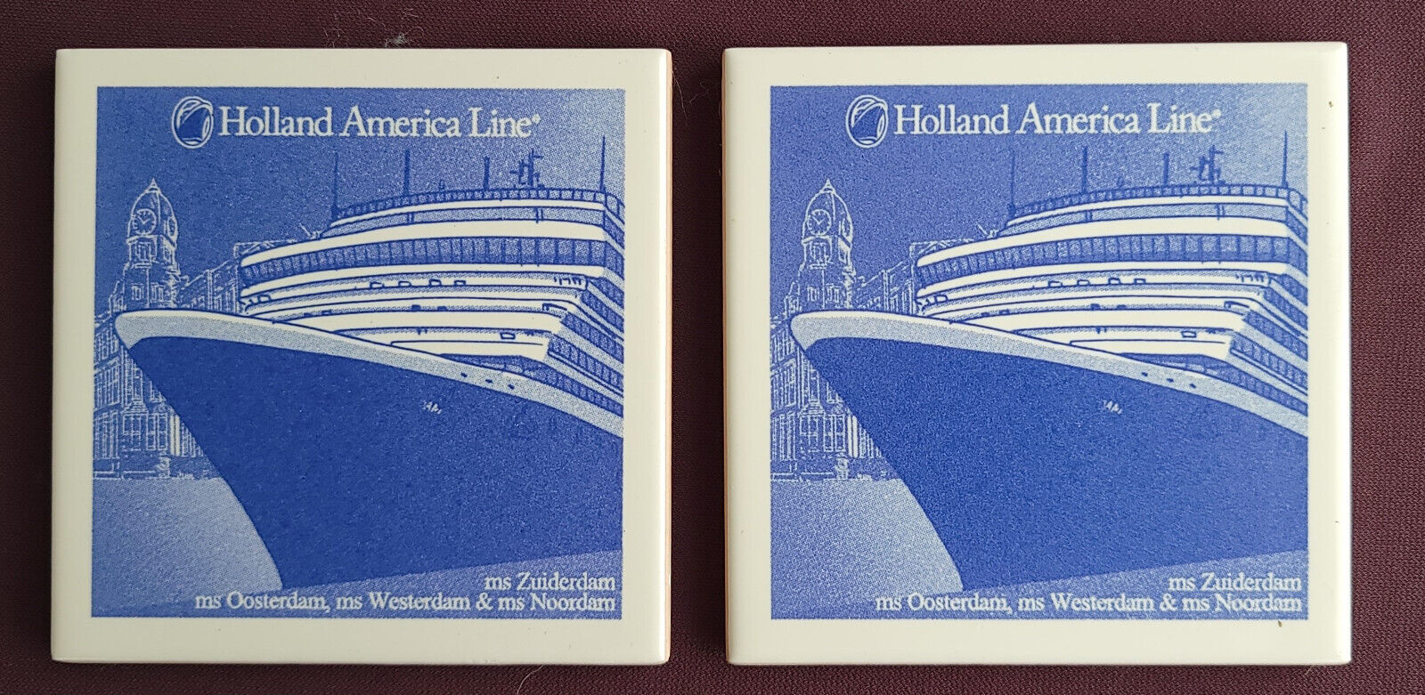 2 Holland America Line Vintage Tiles Coasters Blue Art Deco Zuiderdam Oosterdam