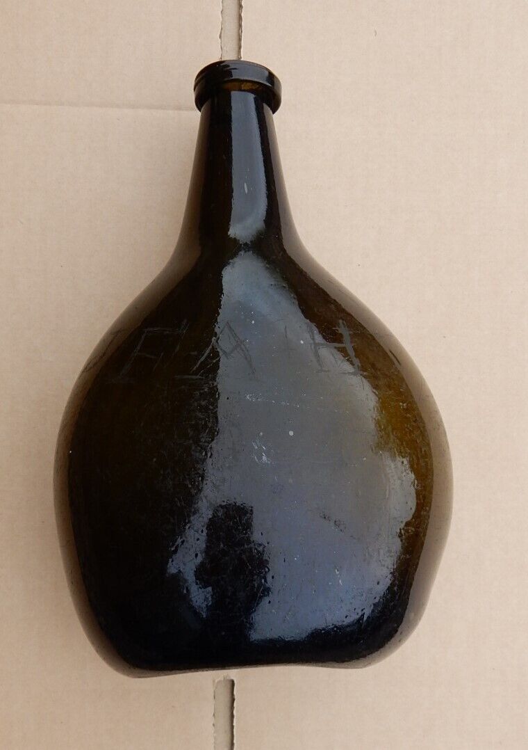 18th century black glass bladder shape wine bottle masonic scratched sign