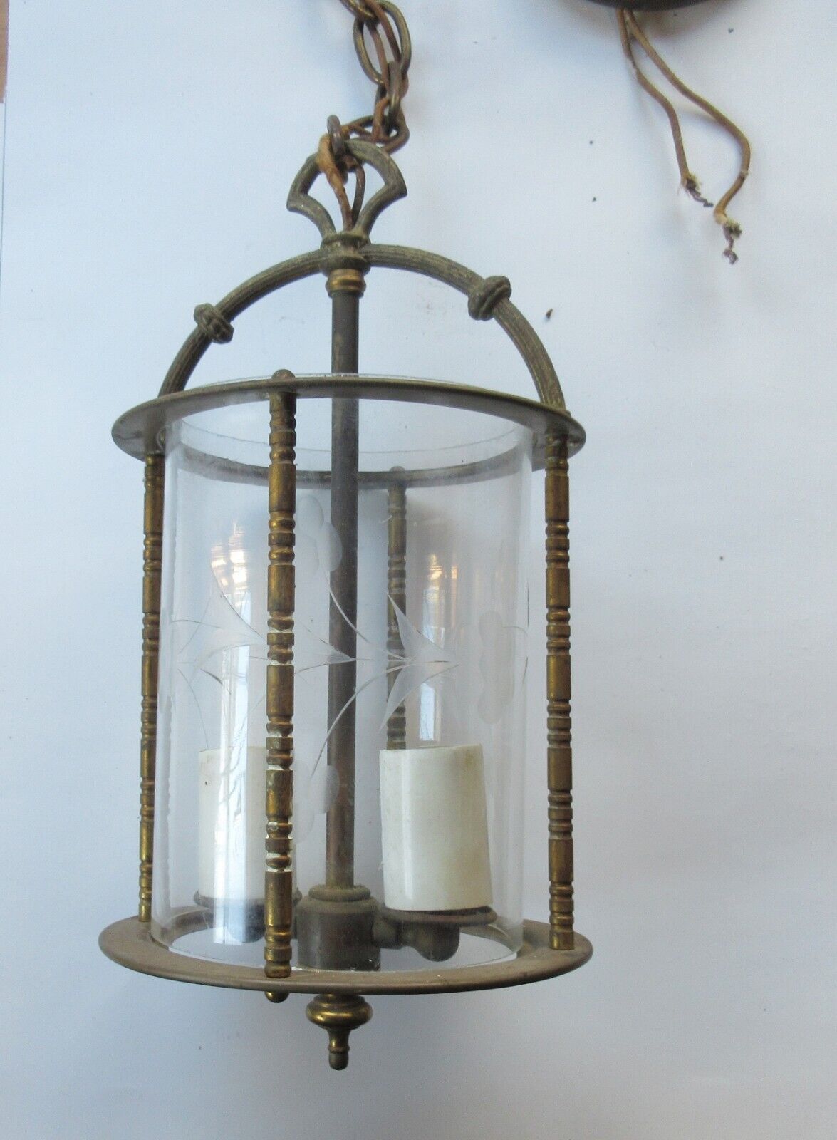 Vintage antique solid brass and etched glass hanging ceiling light ornate