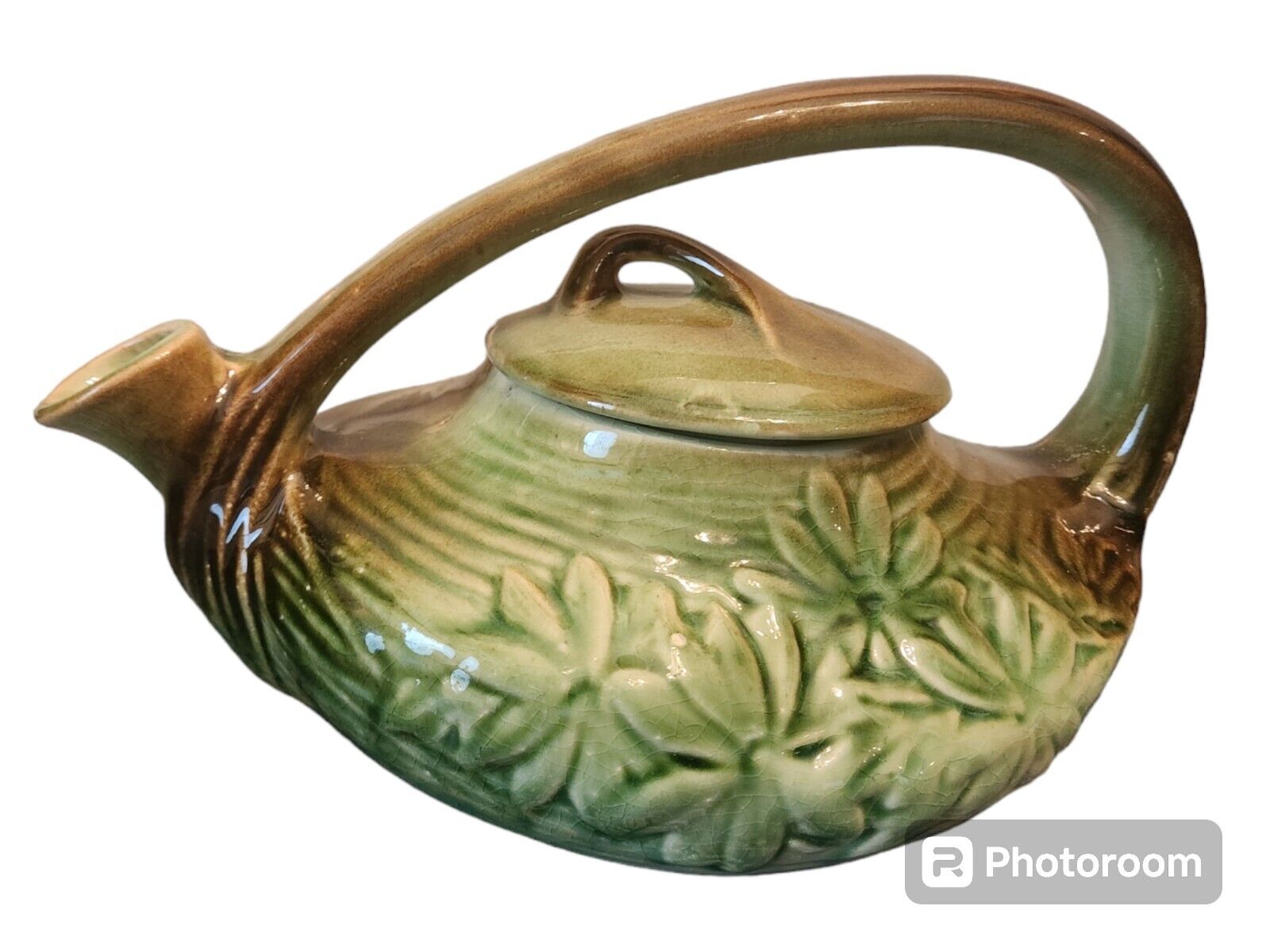Vintage 1940s McCoy Green Brown Daisy Teapot With Lid Pottery
