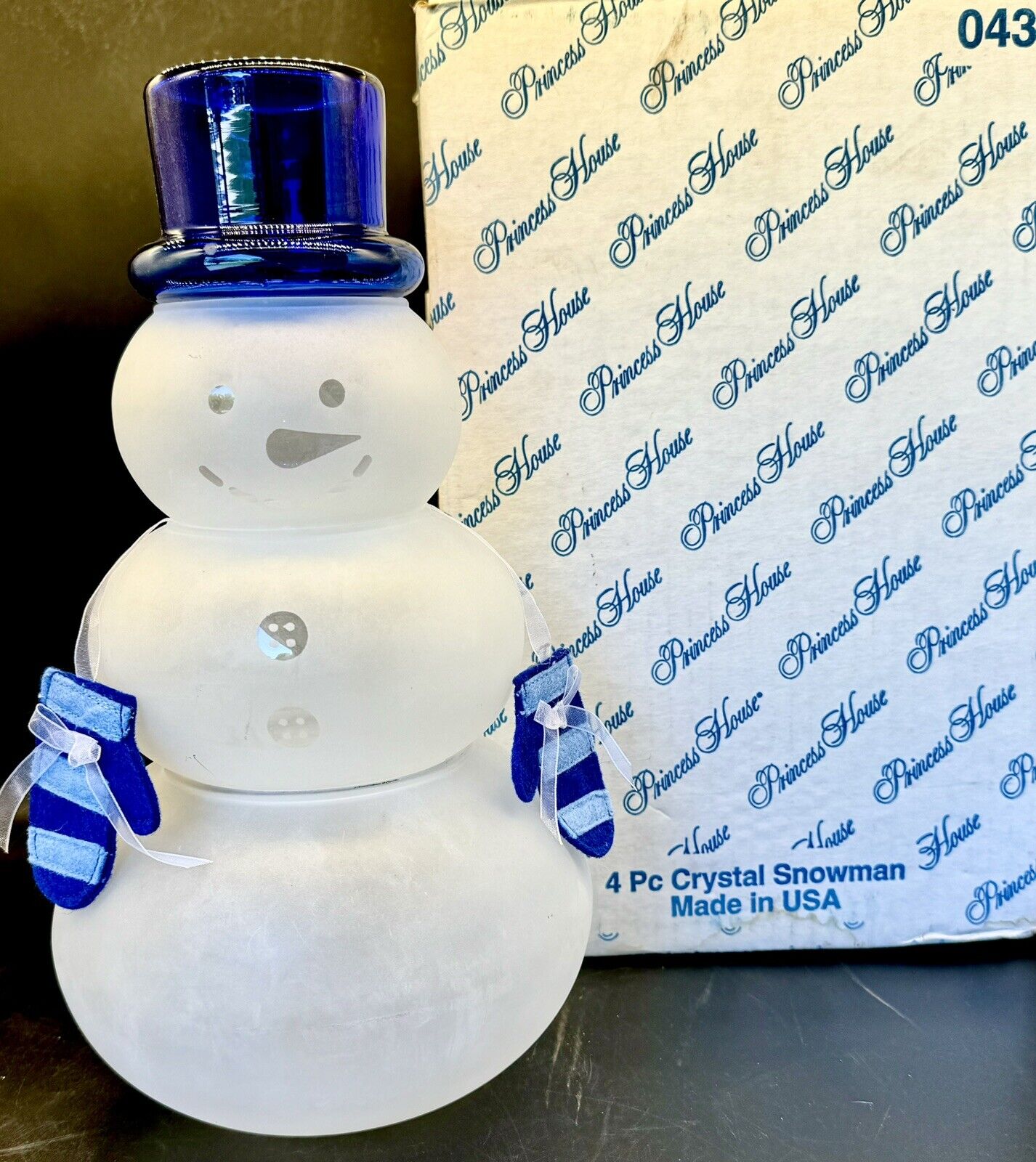 VTG Princess House 4 Tier Frosted Crystal Glass SNOWMAN Candy Dish w/Box RARE