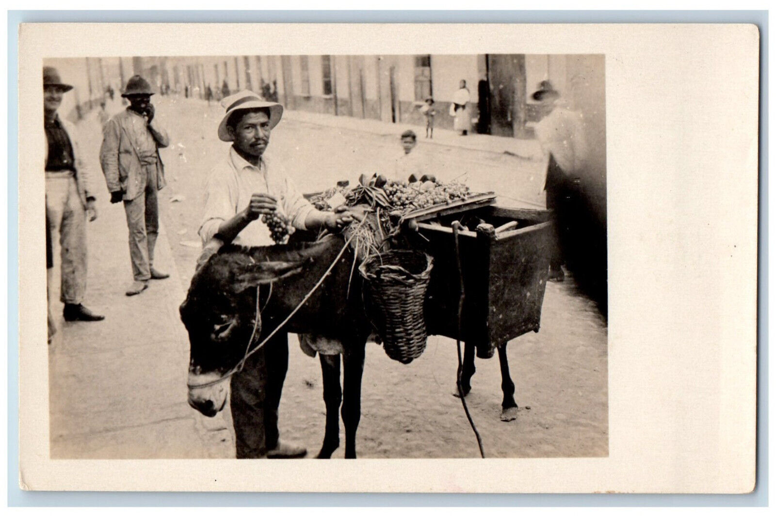 Peru Lima Postcard Typical Street Scene Fruit Vendor Donkey c1930\'s RPPC Photo