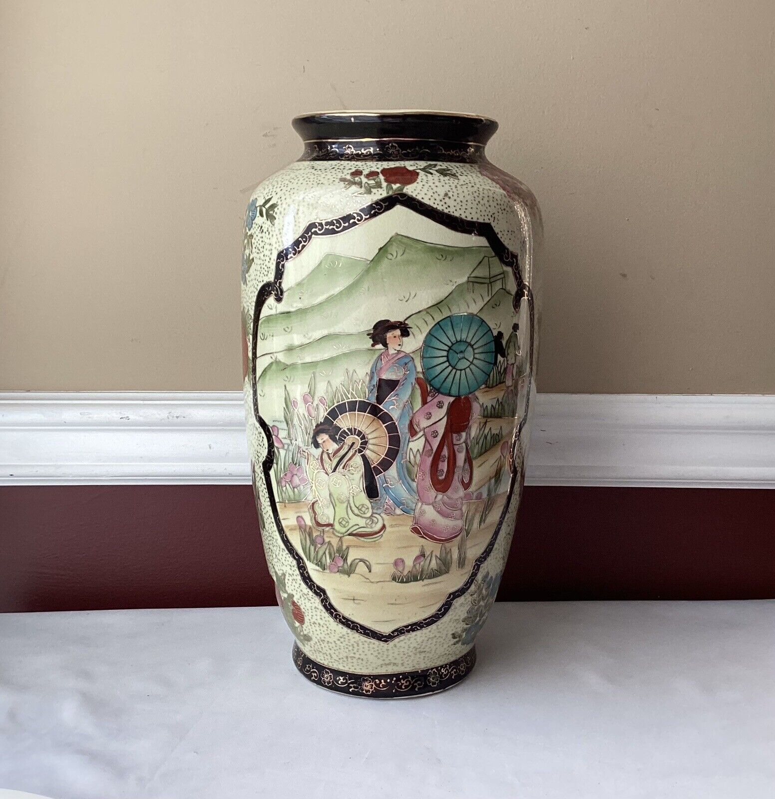 VTG Tall Chinese Porcelain Figural Vase, 14 1/4” T x 7” W, Marked