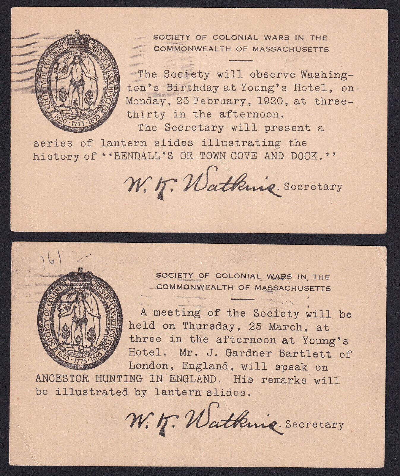 2-Society of Colonial Wars-Boston MA-Massachusetts-Watkins-Antique Postcards Lot