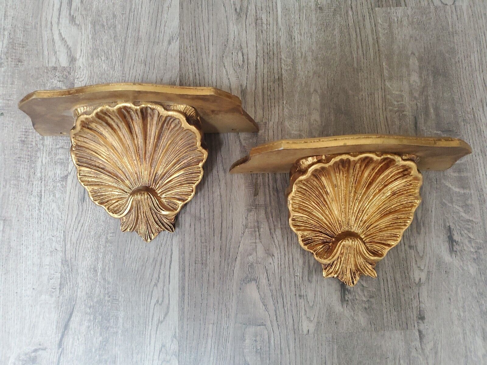 Antique Pair Florentine Italy Gilt Gold Wood Carved Shell Sconces Wall Shelves 