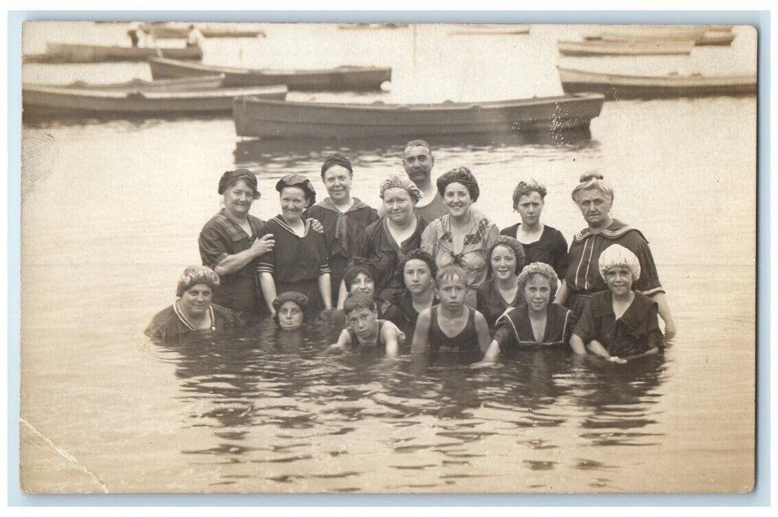 c1910\'s Swimming Bathing Lake Man Women Children Canoe View RPPC Photo Postcard