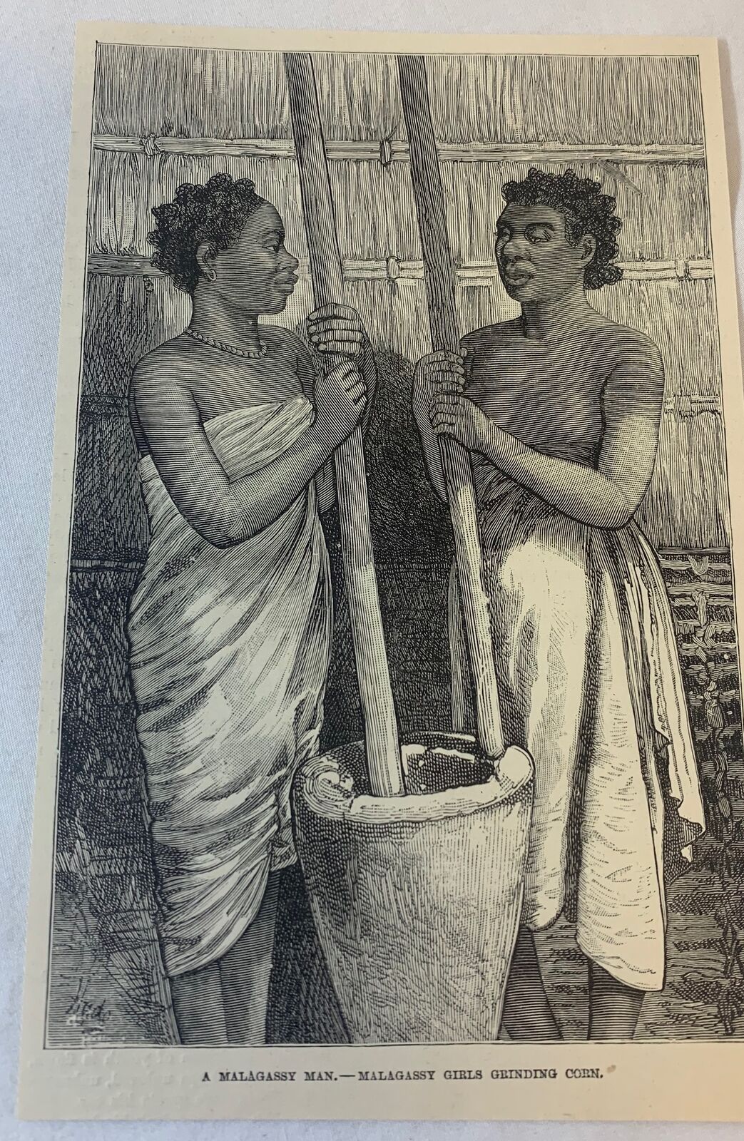 1891 magazine engraving~ MALAGASY GIRLS GRINDING CORN