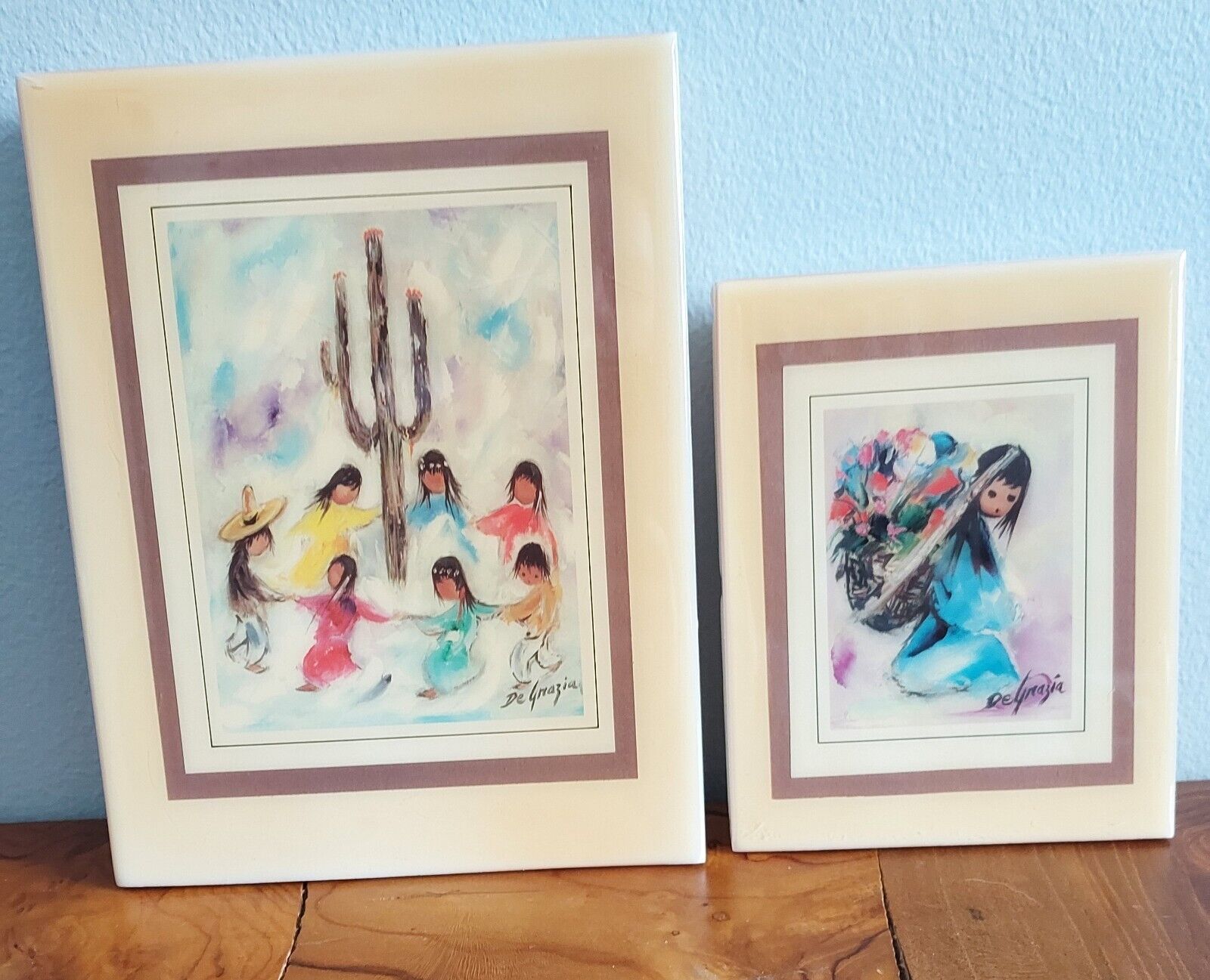 Set Of 2 De Grazia Crystal Tiles Little Flower Girl & Saguaro Dancers 