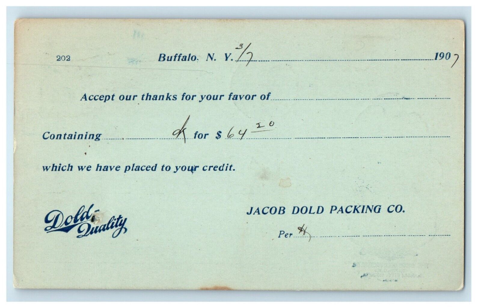 1907 Buffalo NY, Jacob Dold Packing Co. Account Credit Advertising Postcard