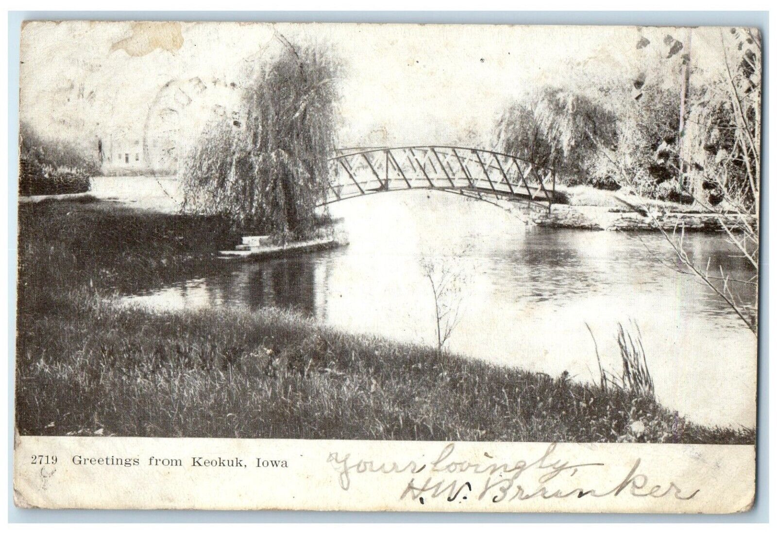 1907 Greetings From Keokuk Iowa IA Arch Bridge River Vintage Antique Postcard