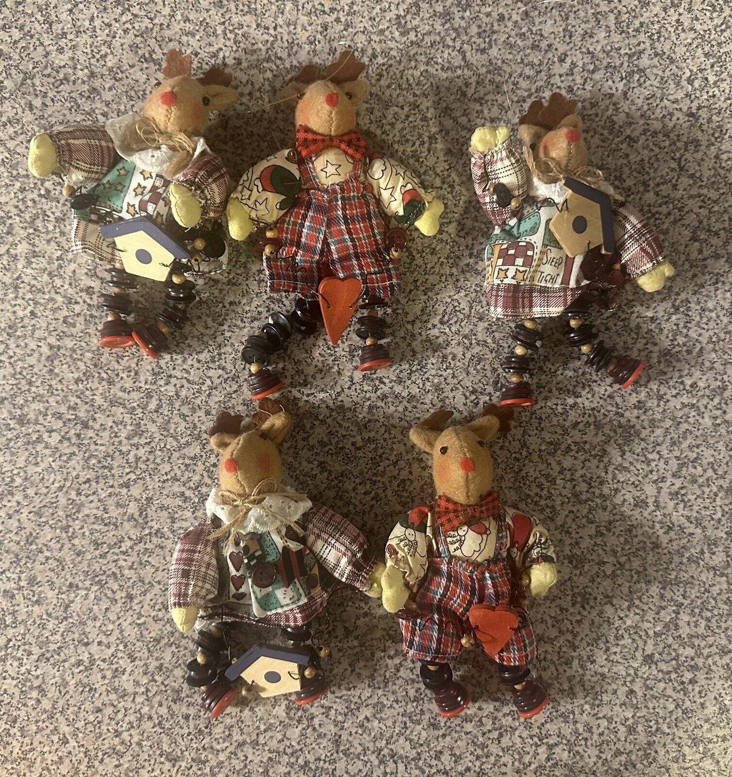 Set Of 5 Vintage Country Christmas Ornaments Reindeer Buttons