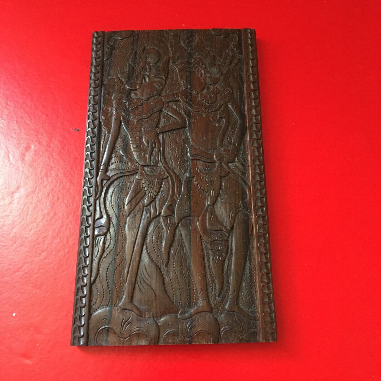 Vintage Super Neat Carved Figures on Rose Wood Board Rosewood Plaque 7.25