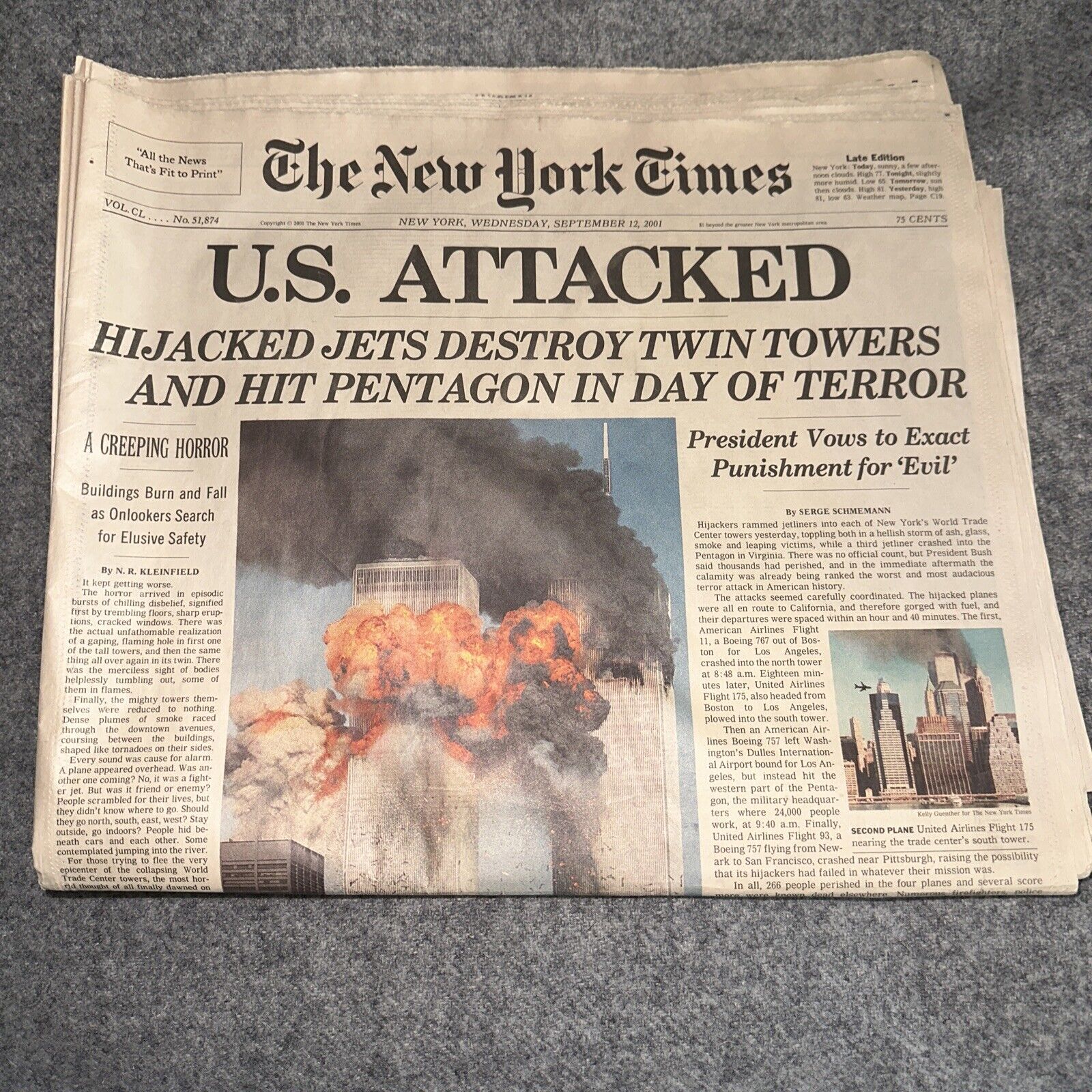 NEW YORK TIMES US ATTACKED September 12 2001 LATE EDITION 9/11 Twin Towers Paper