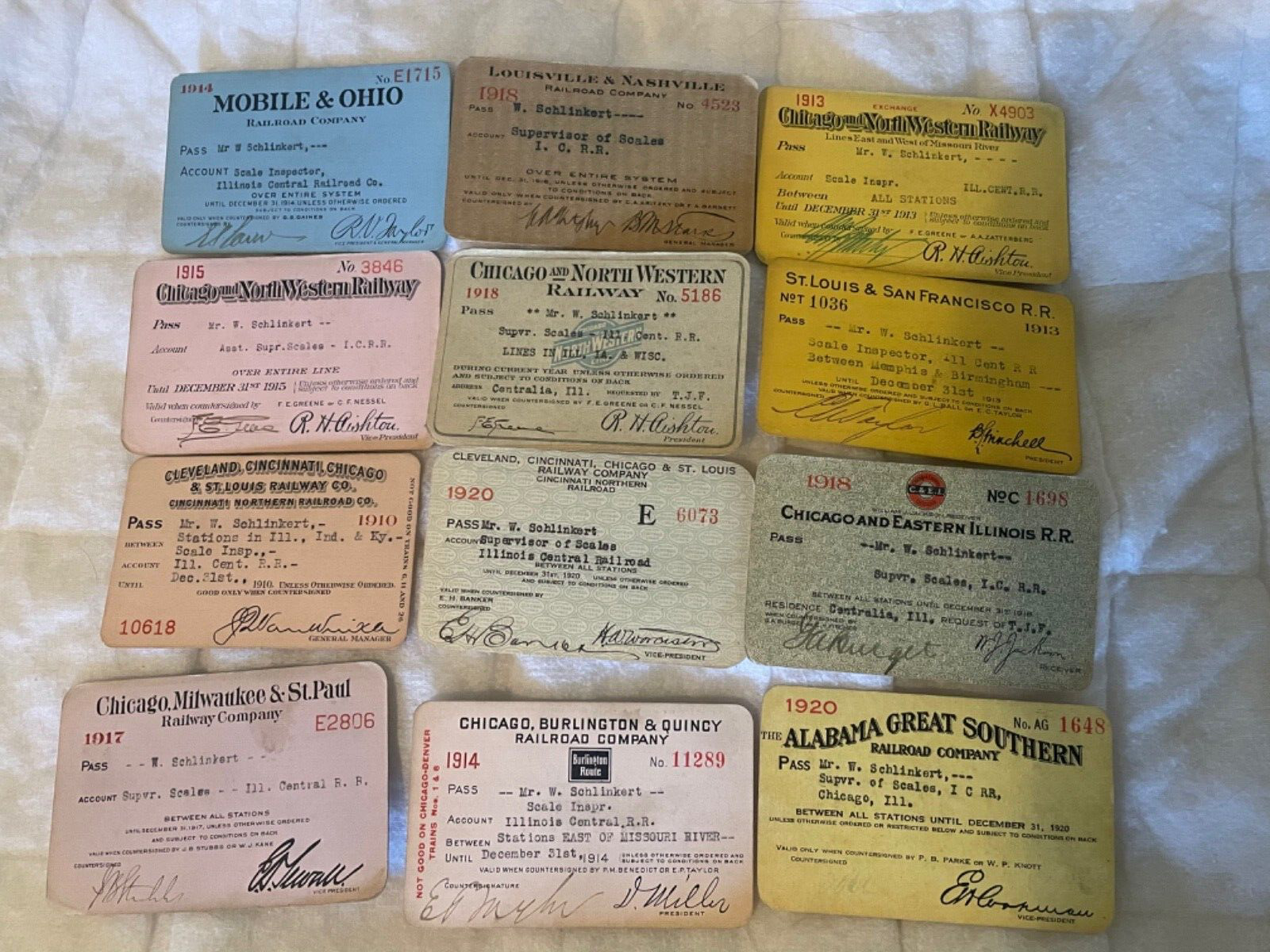 12- 1913 to 1920 Railroad Pass Collection Very Nice Condition