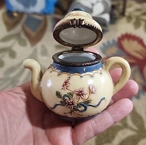 Vintage Miniature Porcelain Teapot Floral Gold Trim Butterfly Hinge Trinket Box