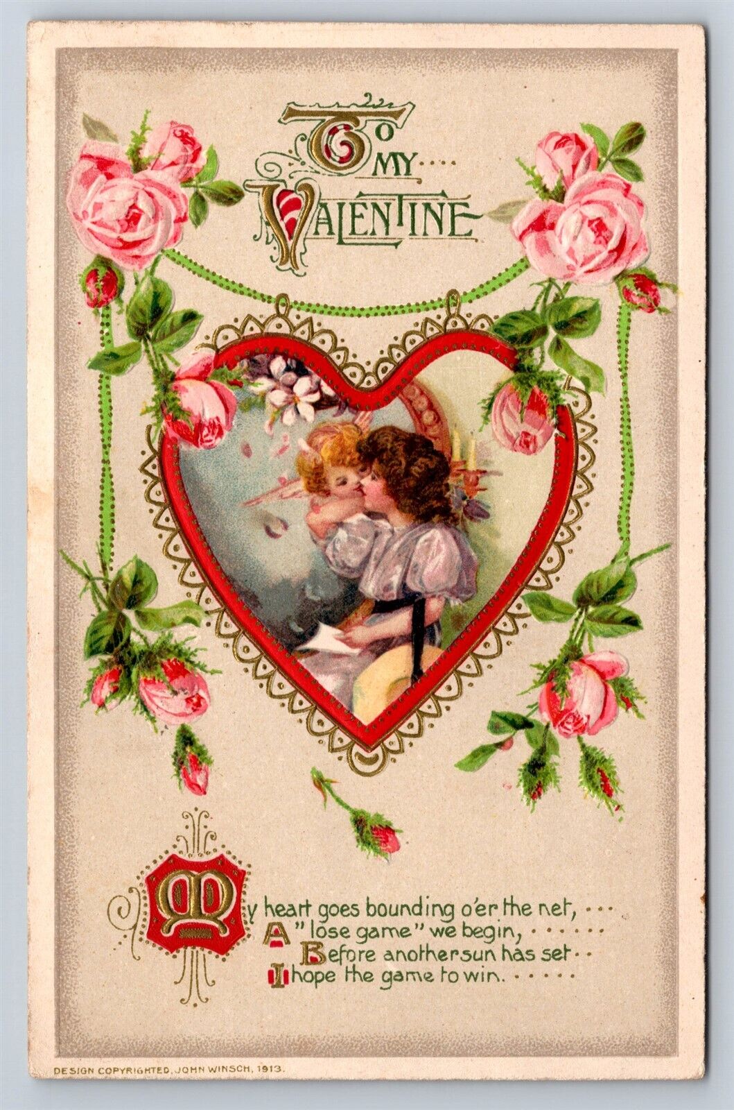 Postcard Valentines Day John Winsch Young Woman Cupid Flowers c1913 AD26