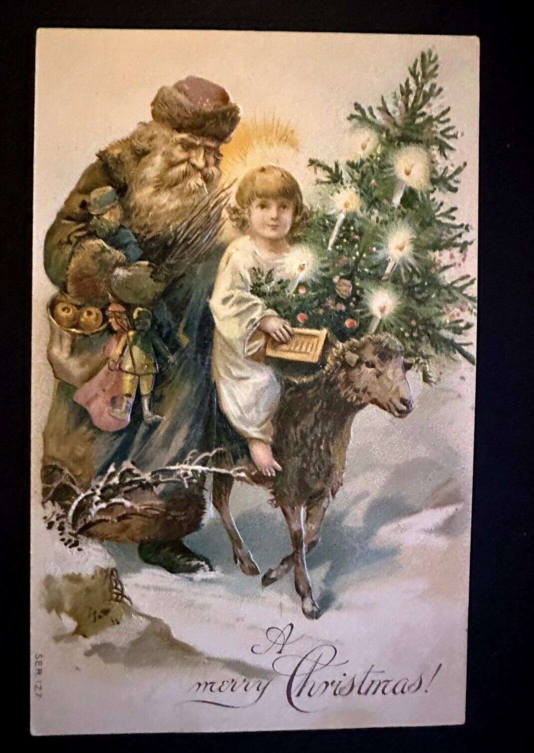Blue Robe Old World Santa Claus with Angel~Tree~Lamb~Antique Xmas Postcard~h750