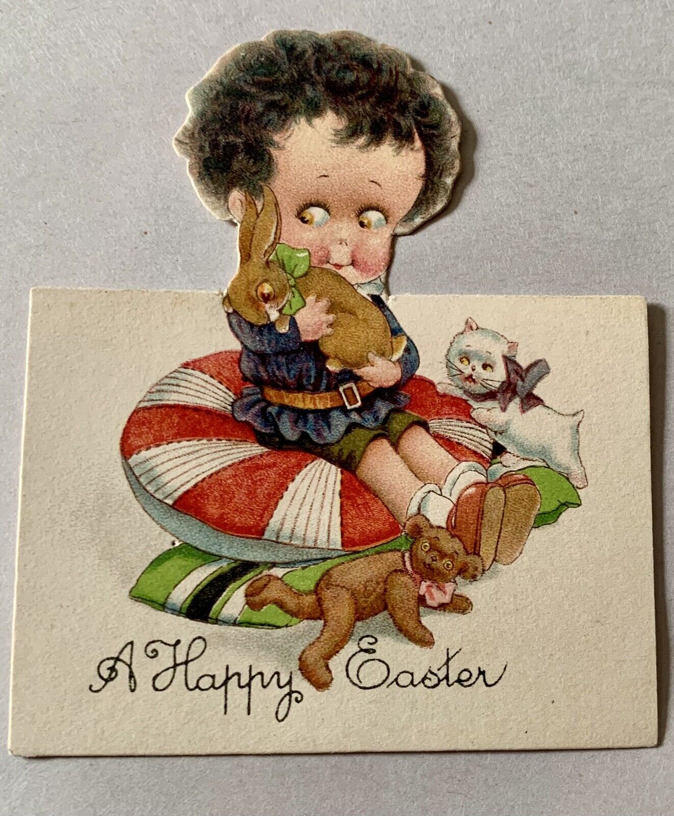 Vintage Die Cut Easter Card - Samuel Schmucker - Boy With Bunny  - Germany