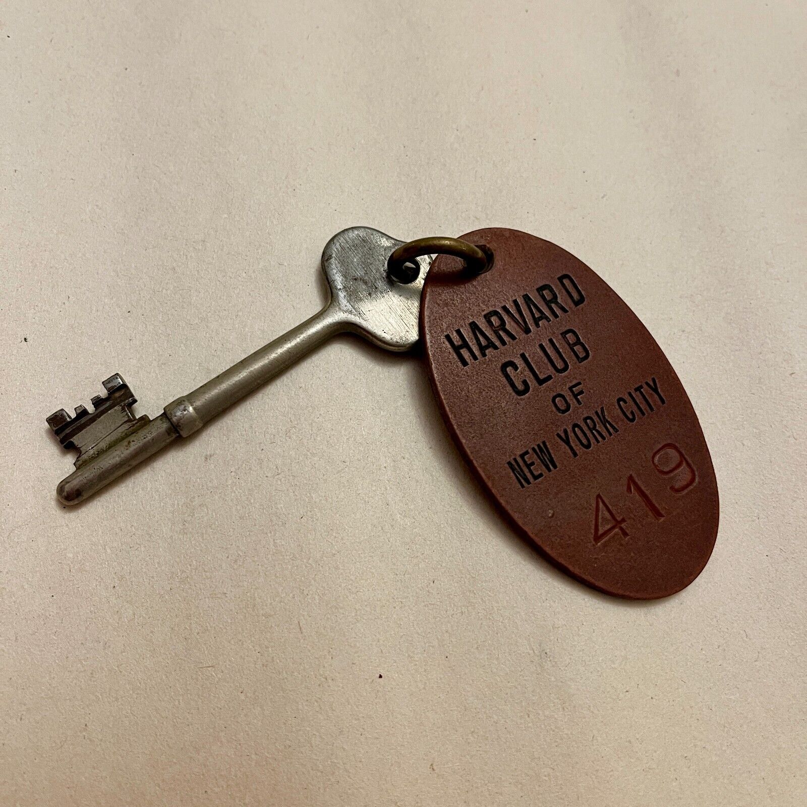 Very *RARE* Harvard Club of New York Vintage Room Key and Leather Fob, Room 419