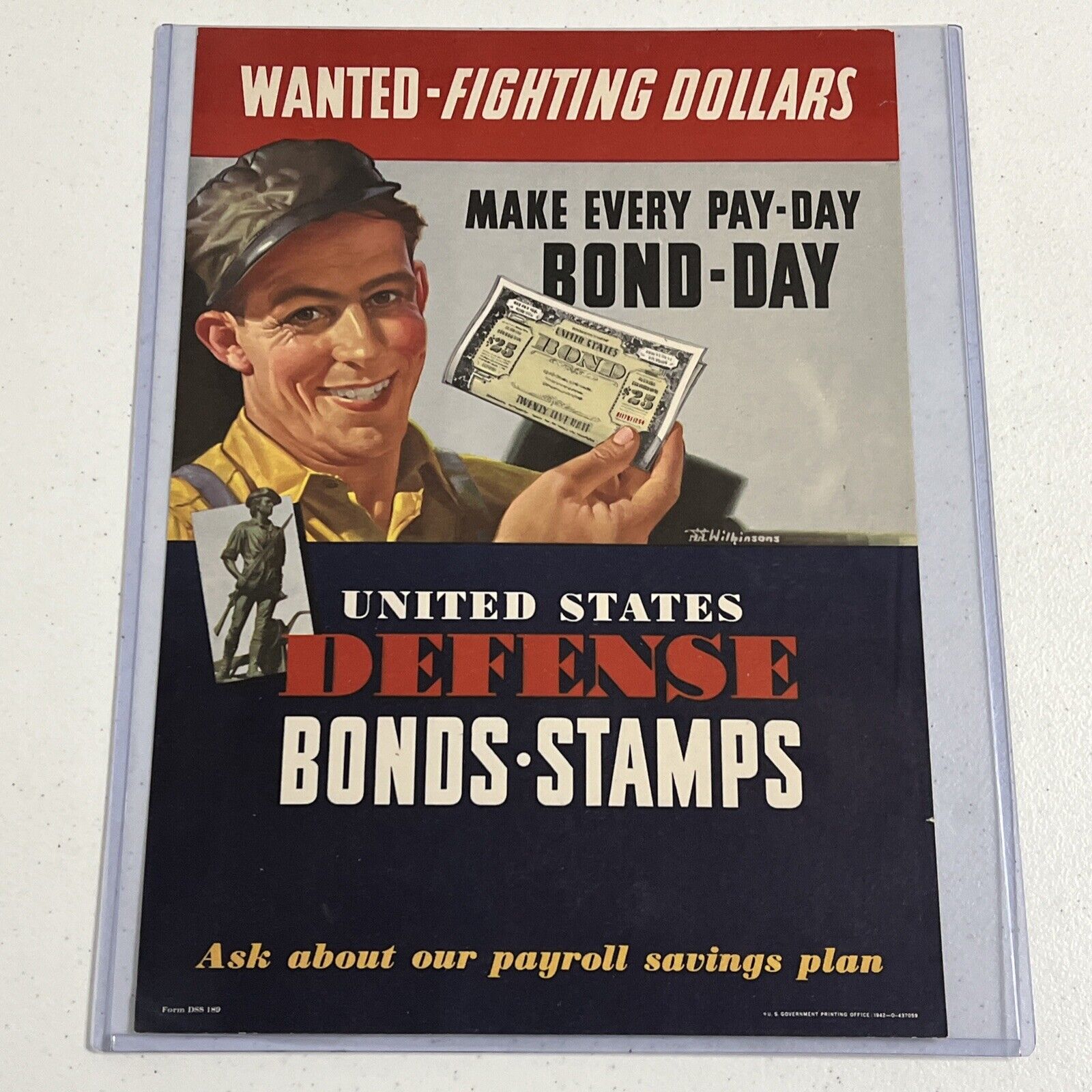 Authentic 1942 WWII Poster Wanted Fighting Dollars Defense Bonds Stamps 10x14