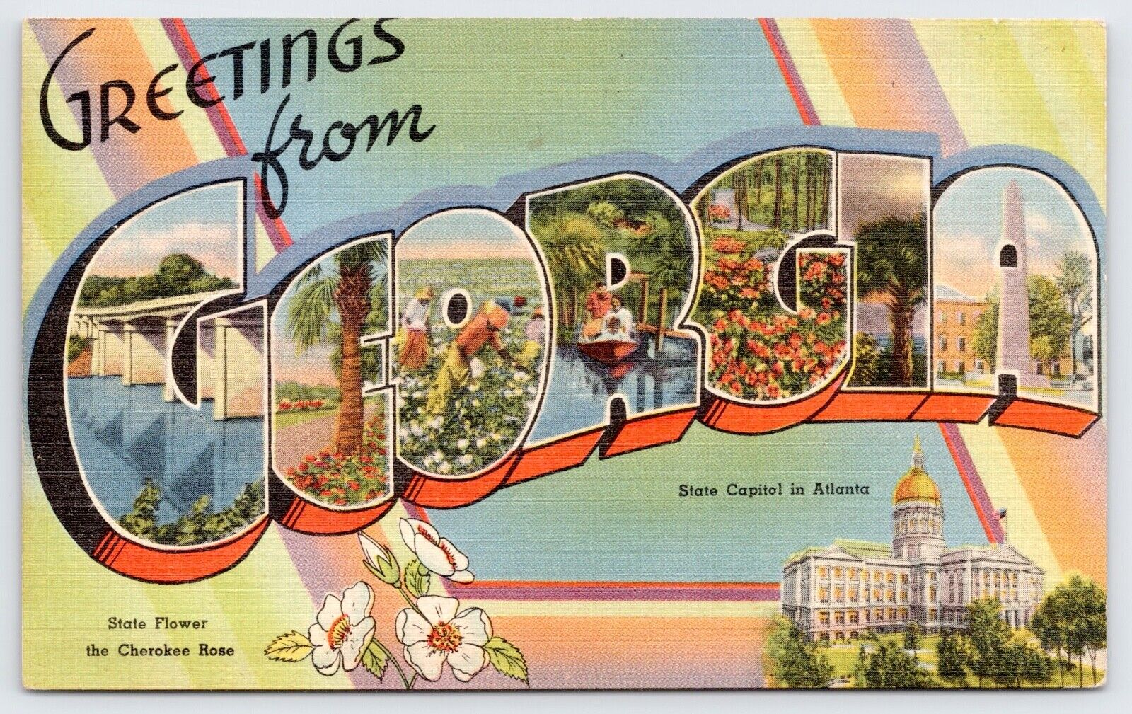c1940s Greetings From Georgia Vintage Large Letter GA UNP Postcard