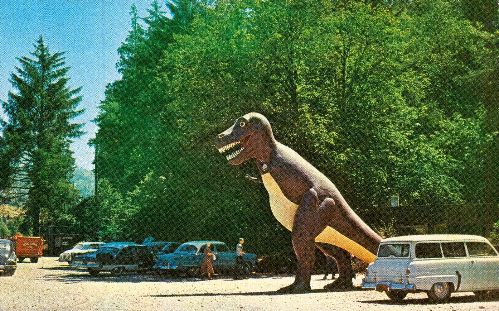 Dinosaur HUGE Oregon Coast Highway Postcard Prehistoric Gardens 1963 Old Cars 