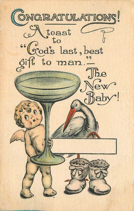 Artist impression 1914 Stork Baby Delivery Cupid Toast postcard 9995