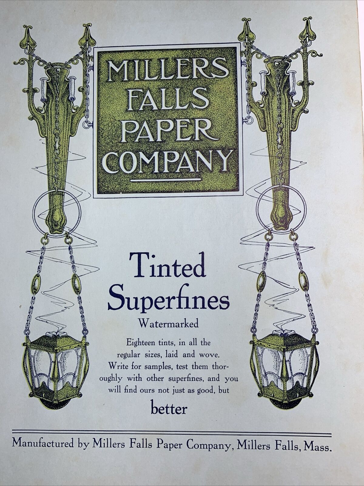 C 1910 Millers Falls Paper Massachusetts Artwork Poster Sign￼original