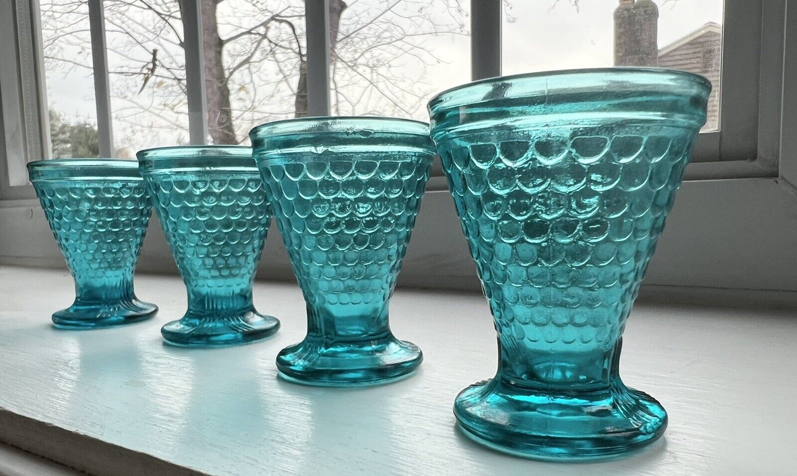 Set of 4 Vintage Norway fisherman Scales blue/green shot Schnapps Glasses Scandi