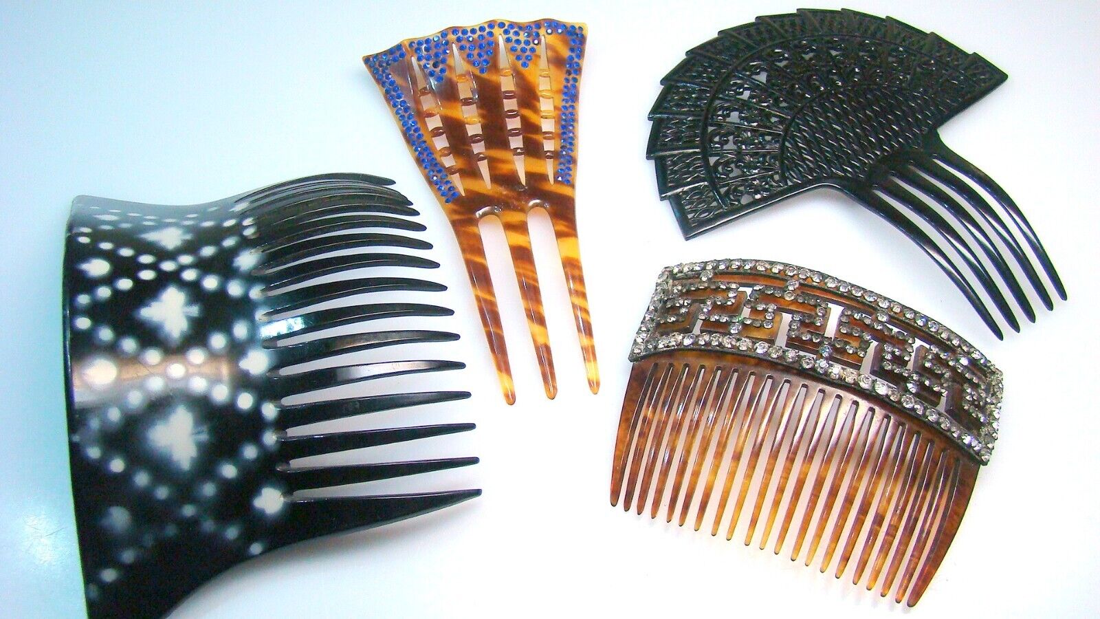 Antique Hair Combs Ornate Prong Set Jeweled Deco Fan Celluloid Lot of 4