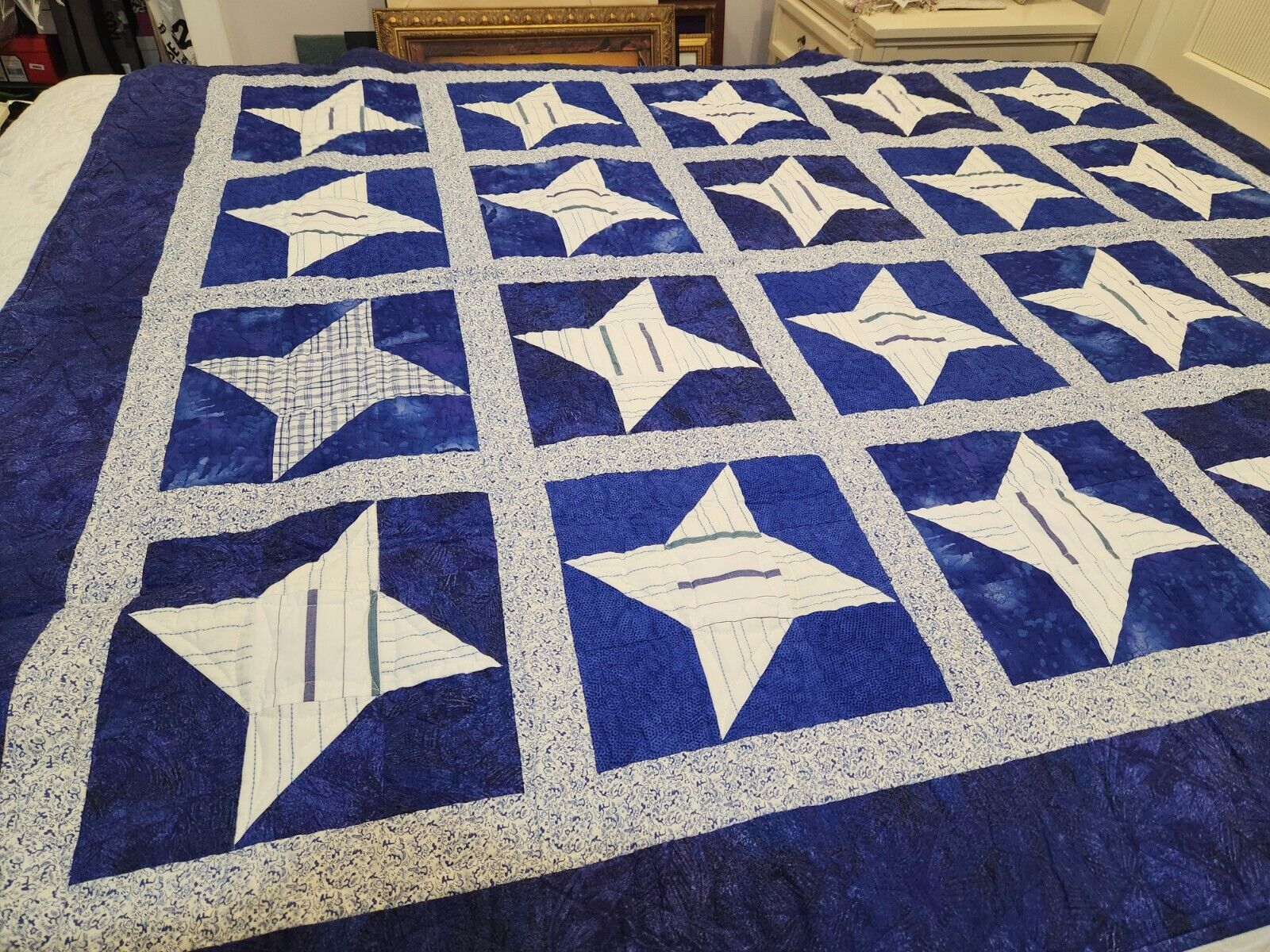 Vintage Antique  Star Quilt Royal Blue  White 62x72” Two side