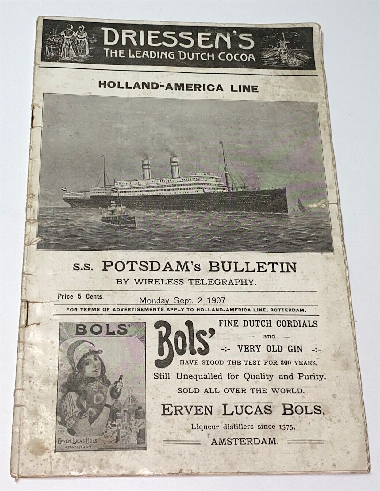 Rare Antique Holland America Line SS Potsdam Bulletin Advertising Program 1907
