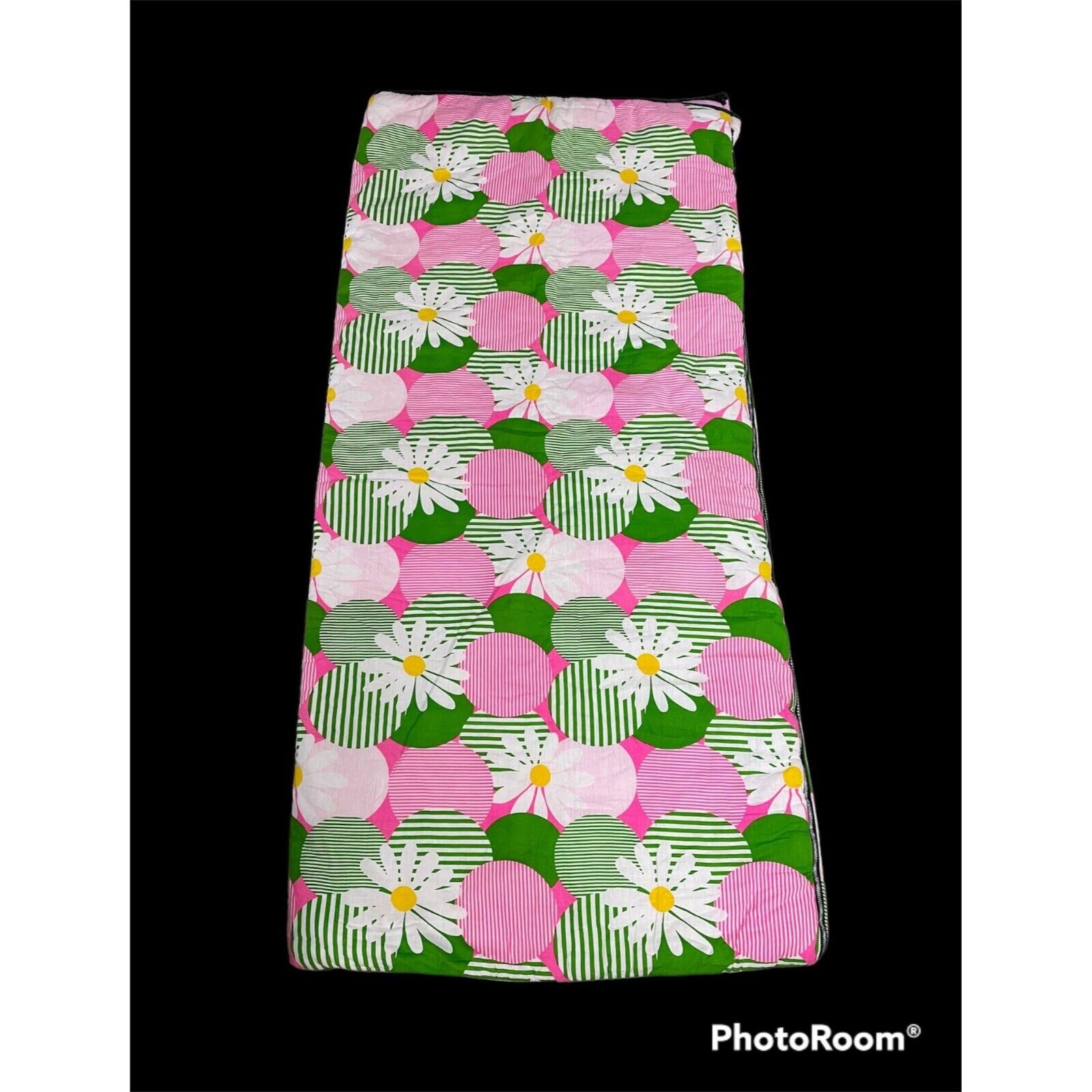 Vintage Sleeping Bag Blanket Flower Power Daisy Reversible Pink Green 1960s MOD