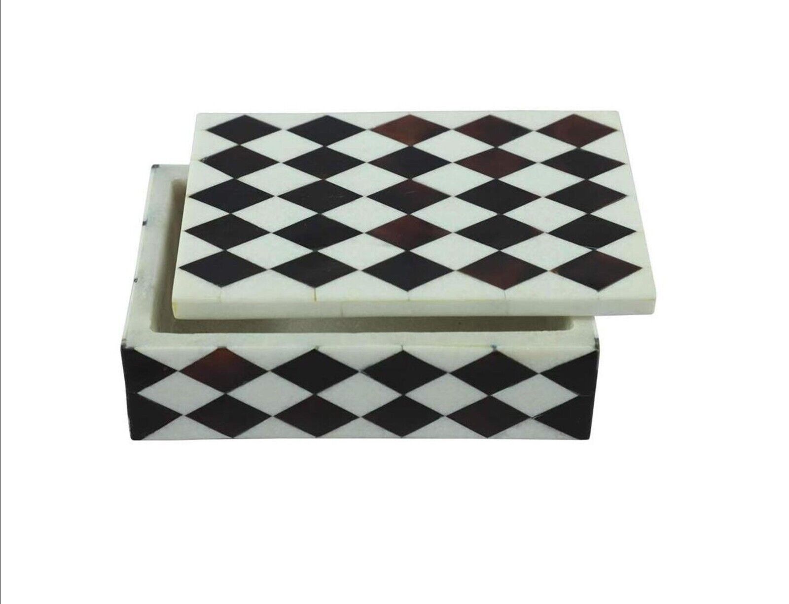 Black and White Marble Jewelry Box Pietra Dura Art Dressing Table Decor Box