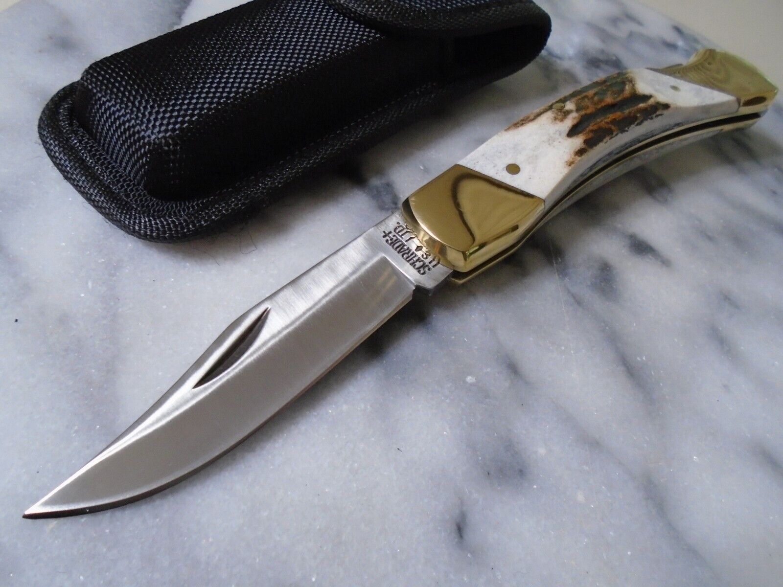 Schrade + USA Stag Lockback Folding Hunter Pocket Knife & Sheath No Box SCH07