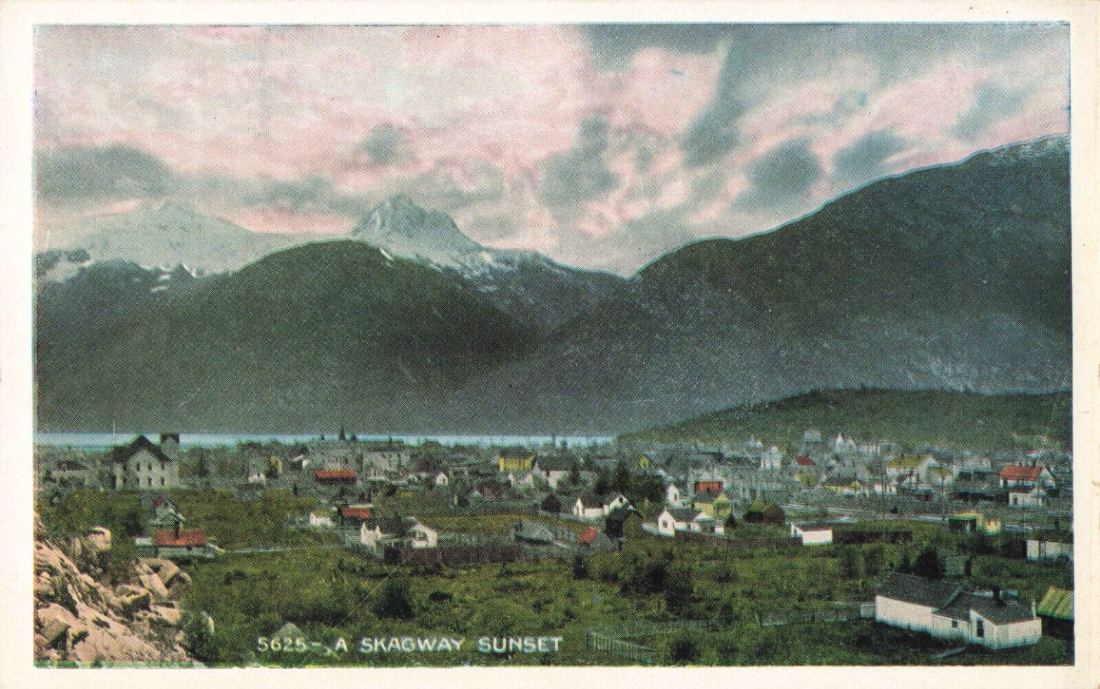 Skagway AK Alaska, Sunset Scenic City & Mountains View, Vintage Postcard