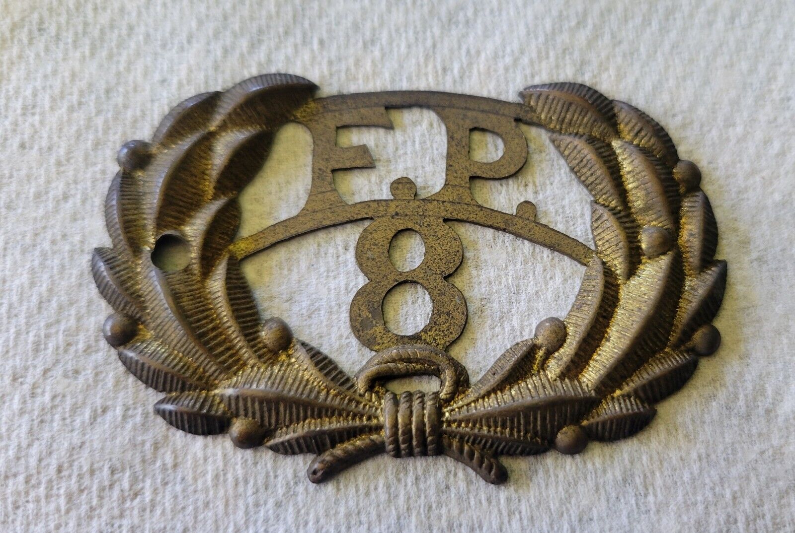 Rare Antique FD Fire Protection Dept Wreath Brigade Hat Badge Pin 1800s Brass 